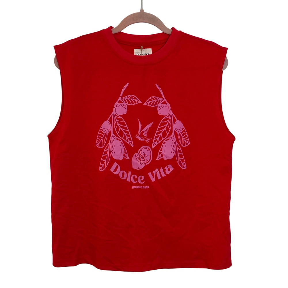 Garance Paris Dolce Vita Graphic Sleeveless Tank Top Shirt Size L‎ Red Pink NEW